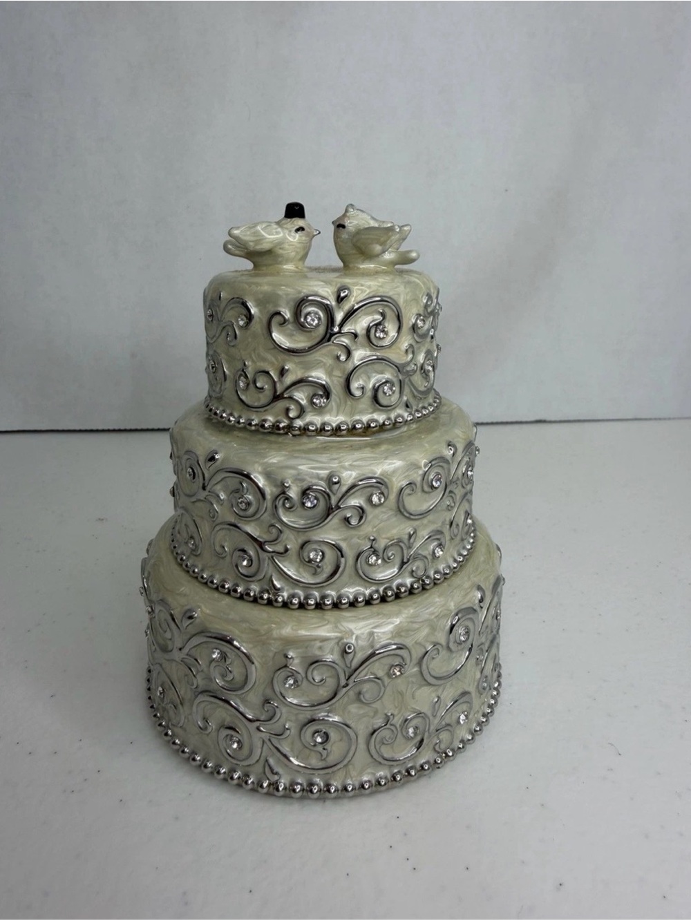 3 Tier Wedding Cake Trinket Box Ivory Silver Scroll Doves Rhinestone Jewelry Box